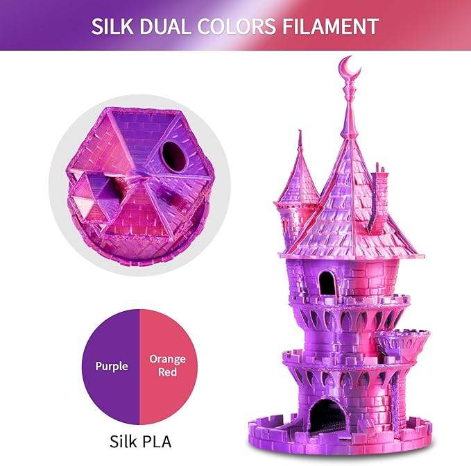 ERYONE Silk Dual Color PLA Filament 3D Printer 1.75mm +/- 0.03mm, Bicolor Filament Two Tone PLA 1KG(2.2lbs) Cardboard Spool, Orange Red&Purple - Image 4