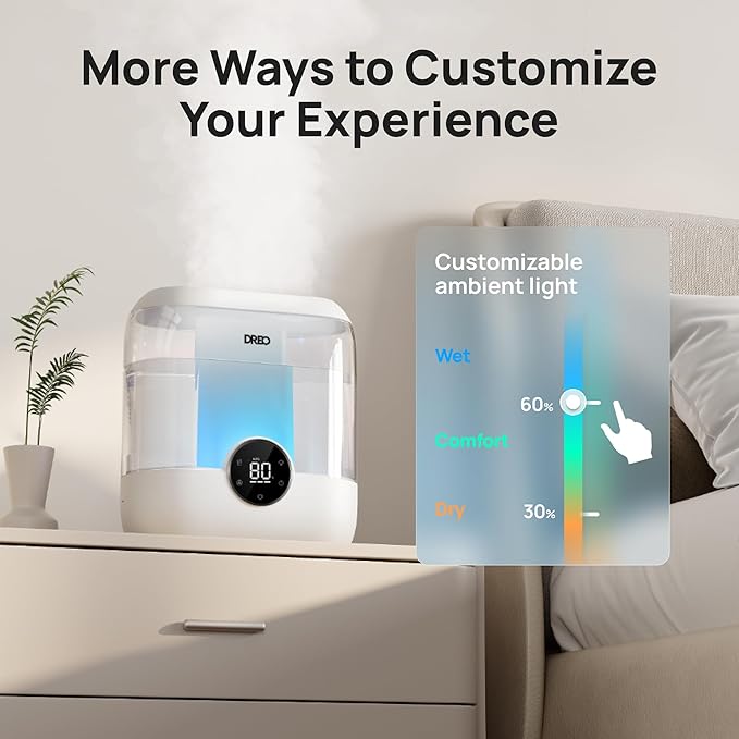 DREO Smart Humidifiers for Bedroom, 6L Top Fill Supersized Cool Mist Humidifier for Large Room, 60 Hour Runtime, Quiet Ultrasonic Humidifiers for Plants, Baby, Indoor, Home, Night Light, White - Image 7