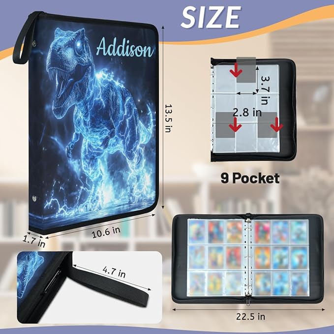 Custom Dinosaur Card Binder, 9-Pocket Trading Card Binder, Personalized Card Holder Fits 900 Cards with 50 Sleeves, Storage Album Case for TCG, MTG, Sports Cards - Image 3