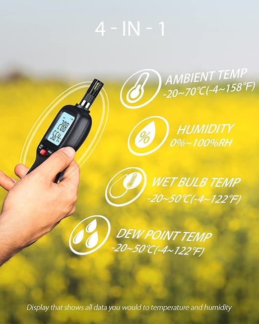 Wintact Digital Temperature and Humidity Meter, Thermometer Hygrometer Monitor with Dew Point and Wet Bulb Temperature, Backlight, Max/Min Value, Data Hold, Store 1000 Group of Data for Indoor Outdoor - Image 2