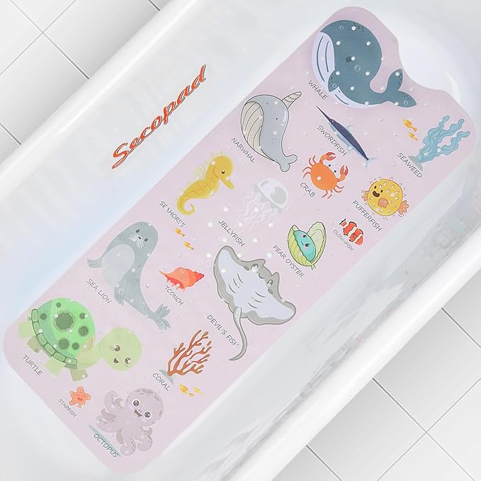 Bath Mat for Tub Non Slip, Machine Washable Anti-Slip Cartoon Baby Bathtub Shower Mat with Drain Holes and Suction Cups for Toddler & Kids, 40 Inch x 16 Inch, Pink Sea Animals by Secopad
