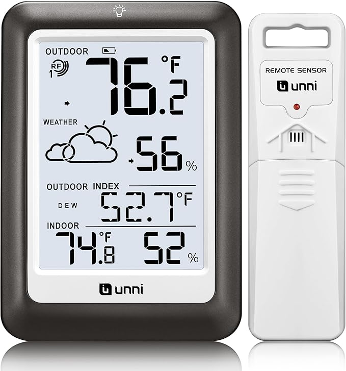 Indoor Outdoor Thermometer Wireless Weather Station, Temperature Humidity Monitor Battery Powered Inside Outside Thermometers with 330ft Range Remote Sensor and Backlight Display（Metal Black） - Image 8