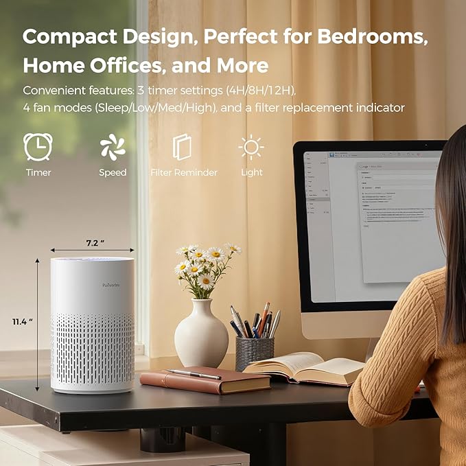 Purivortex Air Purifiers for Home, Quiet HEPA Air Filter for Pollen, Smoke, Dust, Pet Dander, Odor, Hair, Covers Up to 880 Sq Ft, PX500 White - Image 8