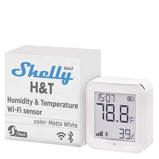 Shelly H&T Gen3 White | Wi-Fi & Bluetooth Smart Temperature & Humidity Sensor with Remote App Control | Smart Scenes | LCD Display by Shelly