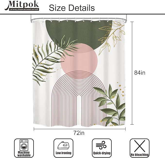 Pink Green Boho Shower Curtain 72Wx84H Extra Long Bohemian Mid Century Modern Abstract Sage Green Gold Leaves Plant Minimalist Bathroom Decor Arch Bath Curtain Fabric Polyester 12 Pack Hooks - Image 5
