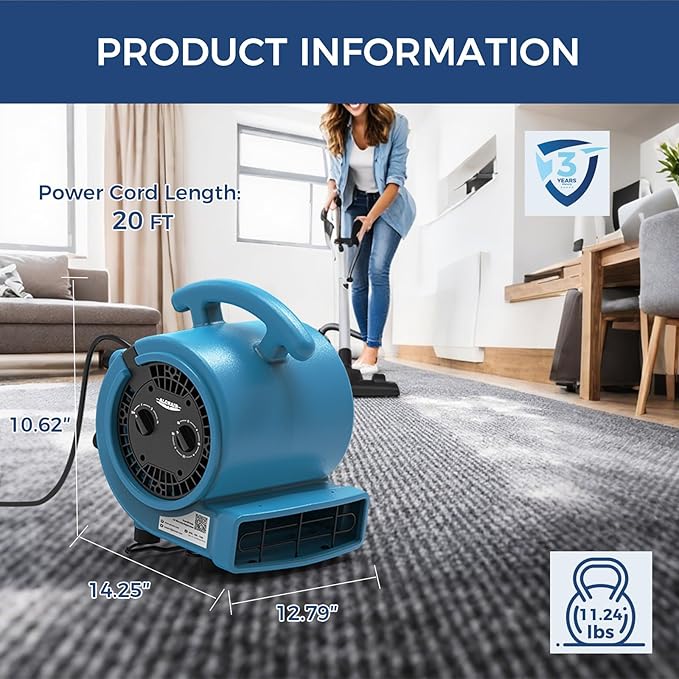 ALORAIR 1000 CFM Air Mover Blower Fan for Drying, Ventilating, Exhausting, Cooling, Utility Timer Fan with 3 Speeds, 5 Adjustable Angles, 20ft Long Cord for Home, Industrial, Commercial Use - GE1000T - Image 8