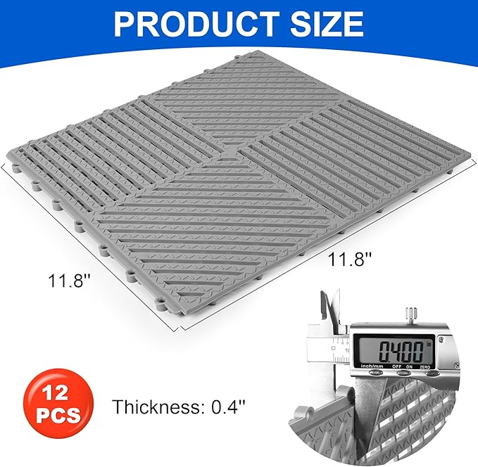 MYFAMIREA Modular Interlocking Cushion 12 Pack 11.8" x 11.8" Rubber Floor Tiles Non-Slip Splicing Drainage Mats for Deck, Pool, Shower, Patio, Balcony, Bathroom, Kitchen, Yard (Diagonal, Gray) - Image 2