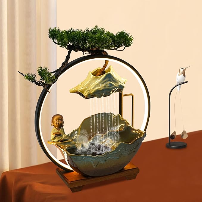 Water Fountains Indoor Tabletop Waterfall Humidifier W/LED Light & Atomizer Mist &Cute Monk Statue, Zen Decor Meditation Japanese Decor Fake Plants Feng Shui Decor Festival Birthday Gift - Image 8