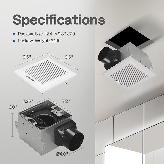 VIVOHOME Ultra-Quiet 80 CFM Bathroom Exhaust Fan, 1.5 Sone 95 Sq.Ft Coverage, 4'' Duct Ceiling Mount, White Shower Ventilation Fan - Image 7