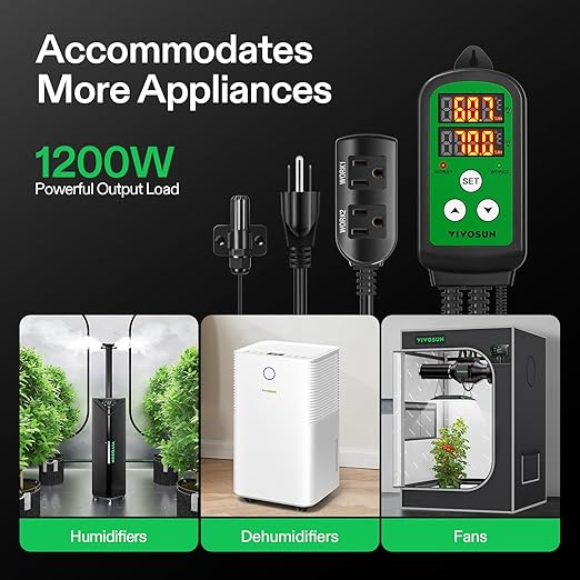 VIVOSUN Humidity Controller, 1200W Dual-Stage Outlet, Pre-Wired Digital Humidistat with Dual LED Displays for Humidifier/Dehumidifier/Fan, Ideal for Greenhouse, Grow Tent, Home-Brewing, Mushroom - Image 3
