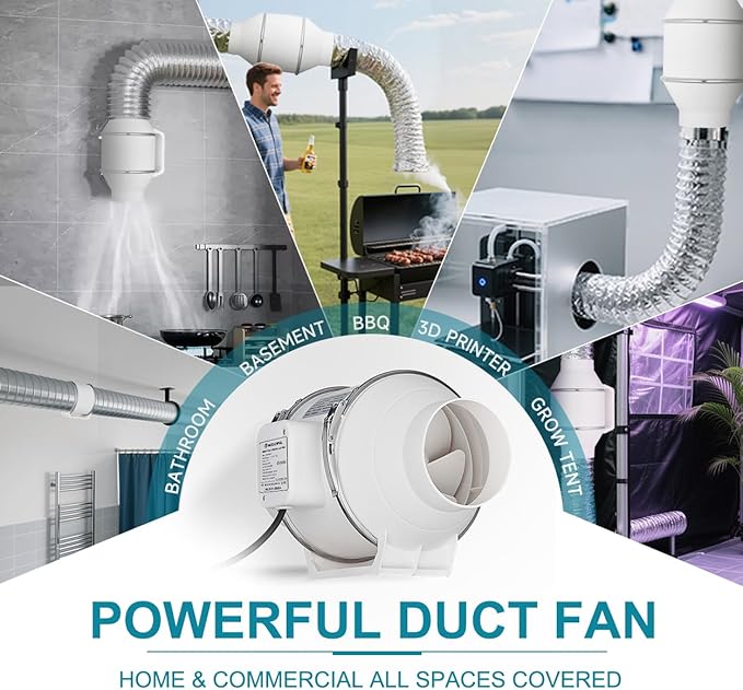 modunful 6 Inch Duct Fan with Switch Inline Ventilation Exhaust Fan 3-pin, 280 CFM Duct Intake High Efficiency Air Fan for Vent Bathroom, Kitchen, Grow Tent, Hydroponics, 3D Printer - Image 6