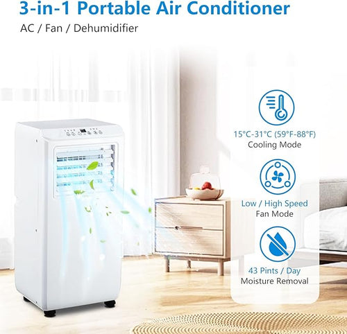 10,000 BTU Portable Air Conditioners - 3-in-1 Cooling, Dehumidifier & Fan for 450 Sq.Ft Rooms, Remote Control & Tool-Free Setup for Dorms, Offices, Homes - Image 2