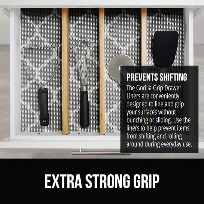 GORILLA GRIP powerGRIP Drawer Shelf and Cabinet Liner, Thick Strong Hold, Non-Adhesive Liners Protect Kitchen Cabinets and Cupboard, Bathroom Drawers, Easy Install, Breathable Mat, 12" x30' Quatrefoil - Image 3