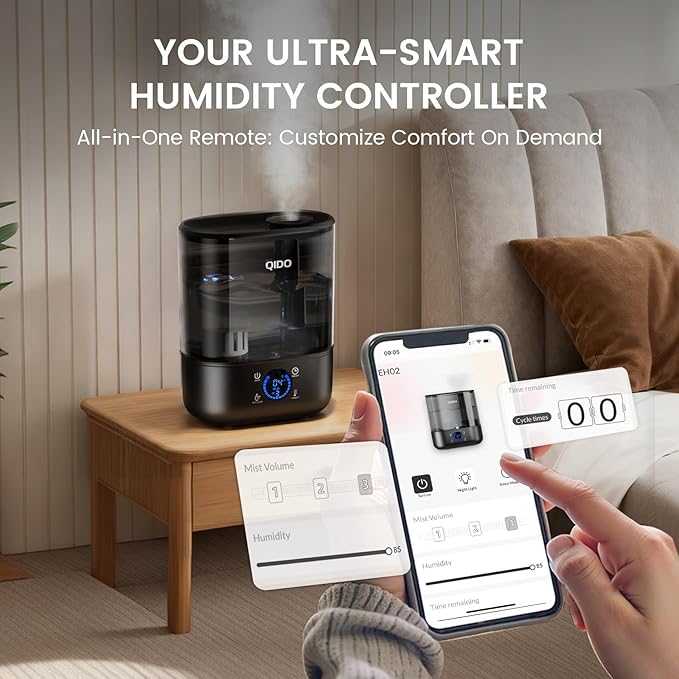 QIDO Top Fill Humidifiers for Bedroom, 5 L Cool Mist 36H Super Long Time, Quiet 28dB Essential Oil Diffuser for Baby & Plants, 3 Adjustable Mist with Touch/APP/7-color Nightlight, Auto Shut-off, Black - Image 5