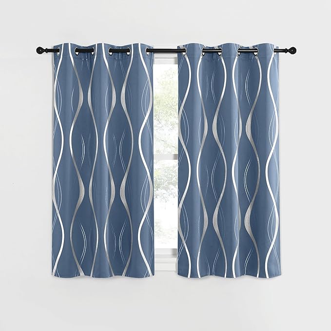NICETOWN Kitchen Blackout Curtain Panels, Stone Blue, Set of 2, 42" by 40", Window Treatment Thermal Insulated Blackout Wave Line Foil Print Design Curtains for Kitchen, Cafe, Loft - Image 2