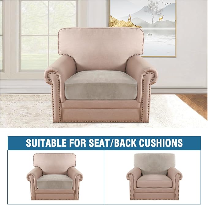 H.VERSAILTEX Velvet Stretch Couch Cushion Cover Plush Cushion Slipcover for Chair Cushion Furniture Protector Seat Cushion Sofa Cover (1 Piece Armchair Cushion Covers, Oatmeal) - Image 3