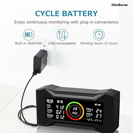 8-in-1 Air Quality Monitor Indoor, CF-20 Portable Air Quality Tester CO2 Monitor (PM2.5, PM10, CO2, VOC, Formaldehyde, Humidity, Temp) 2600mAh Long-Lasting Battery Sleep-Friendly Display - Image 4