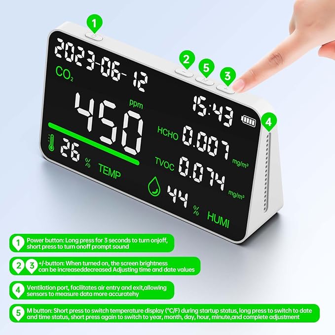 CIS 7-in-1 Air Quality Monitor, Indoor Humidity Monitor, Temperature, CO2, TVOC, HCHO, Time, Date Display Desktop Air Quality Tester, Air Quality Meters for Home Office Hotel Restaurant School - Image 4