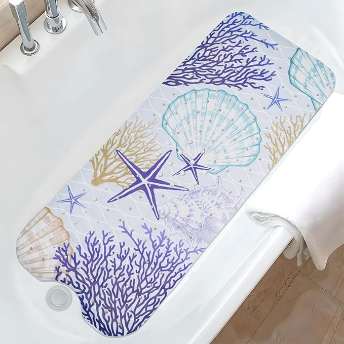 Ocean Bathtub Mat Non Slip, Cute Baby Bath Mat for Tub Rubber Tub Mat, Coral Seashells Toddler Kids Bath Mats for Bathroom Anti Slip Shower Mat with Suction and Drain Holes Machine Washable, 40″x16″ by Unknown