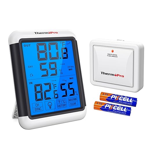 ThermoPro TP65 Indoor Outdoor Thermometer Digital Wireless Hygrometer Temperature Humidity Monitor with Jumbo Touchscreen and Backlight Humidity Gauge,LCD by ThermoPro