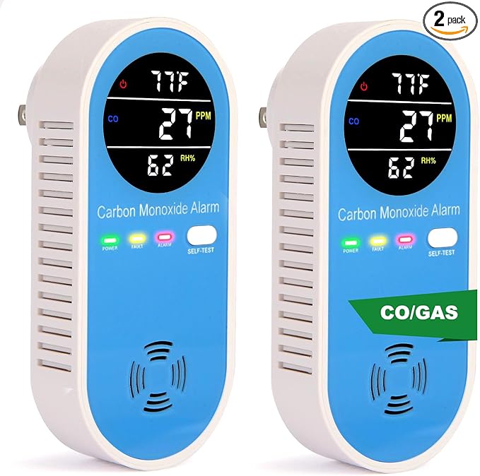 Plug-in Carbon Monoxide Detector with Real-Time CO Display & Temperature/Humidity Monitor, Plug-in CO Alarm for Home, RV, Apartment, Indoor Air Safety 2-Pack by Vzmcov