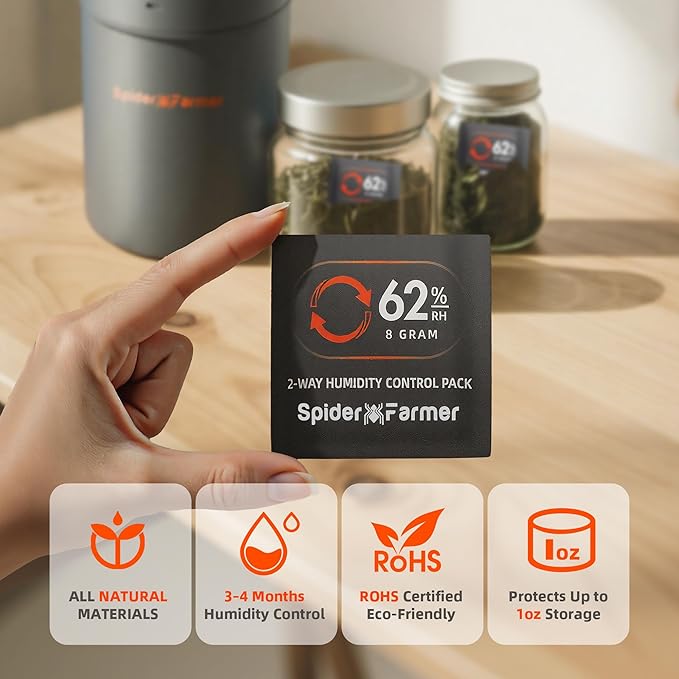 Spider Farmer 62% RH 8g Size Two-Way Humidity Control Packs, 10 Packs, Each Maintains Freshness for 1 oz, Moisture Balancer for Herbs, Great for Mason Jars & Small Containers - Image 2