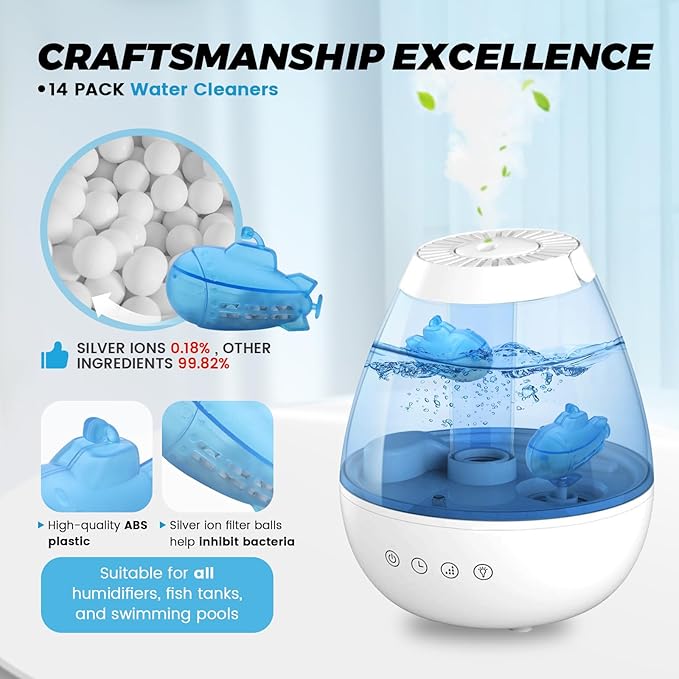 puxyblue   14-Pack Humidifier Tank Cleaner Blue Small Submarine Fit for Most Humidifiers and Fish Tanks, Purifies Water, Prevents Hard Water Build Up, Eliminates White Dust - Image 2