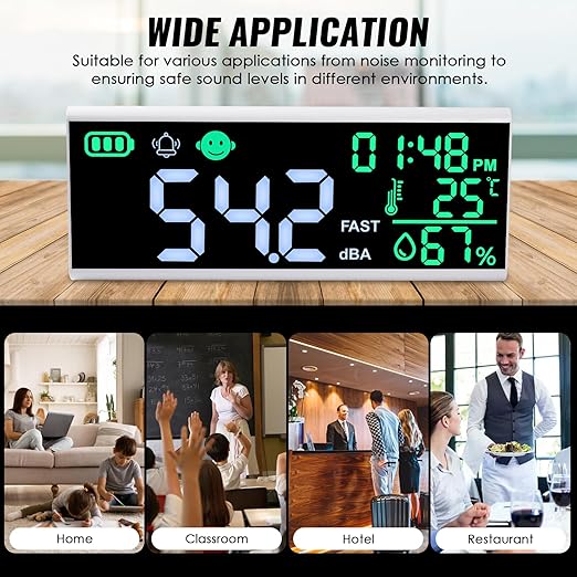 Decibel Meter 13 inches 30~130dB Sound Level Meter, Large LCD Display Wall Hanging Sound Gauge, Noise Level Detector, Decibel Monitoring Device, Time, Temperature, Humidity for Studio Classroom Home - Image 2