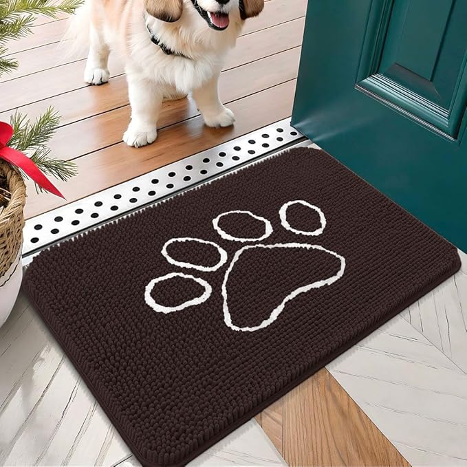OLANLY Dog Door Mat for Muddy Paws 24x16, Paw Print Design, Absorbs Moisture and Dirt, Absorbent Non-Slip Washable Doormat, Quick Dry Chenille Mud Mat for Dogs, Entry Indoor Entryway Carpet, Brown by OLANLY