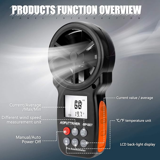 Anemometer Handheld AP-007,CFM Flow Meter Wind Speed Gauge 14℉-113℉ Wind Temperature,AC Vent Flow Meter for Golf Shooting, Surfing, HVAC Duct - Image 4