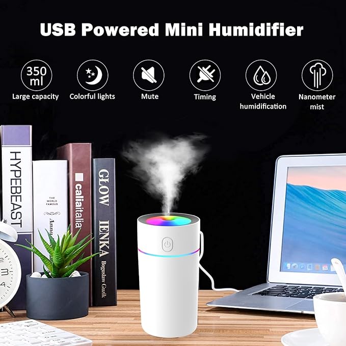 Portable Mini Humidifier with 7-color Lights, Cool Mist Small Desk Humidifiers Car Humidifier [2 Mist Modes] USB Personal Desktop Humidifiers for Bedroom, Office, Travel, Car, Plants, Super Quiet - Image 3