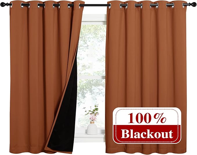 NICETOWN Burnt Orange 100% Blackout Lined Curtains, 2 Thick Layers Completely Blackout Window Treatment Thermal Insulated Drapes for Kitchen/Bedroom (1 Pair, 62" Width x 63" Length Each Panel) - Image 2