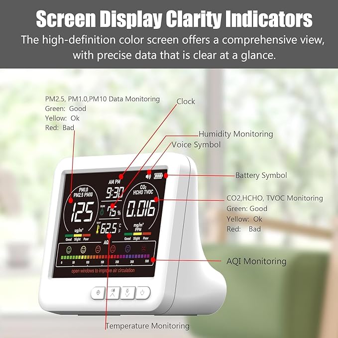 Professional Indoor Air Quality Monitor with 7X AQI,16 in 1 Portable Real-Time Detector for PM2.5 | PM10 | CO2 | TVOC | HCHO | Temp | Hum for Home Cars Plants Pets - Image 8