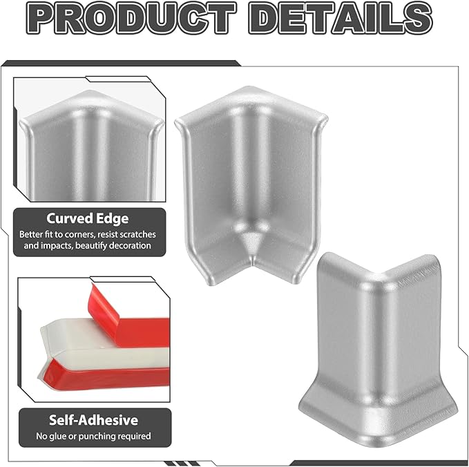 uxcell Self Adhesive Baseboard Corner Blocks, 2.2 Inch Wall Edge Corner Protector 2 Inside + 2 Outside Corners-Connector for Wall Floor Furniture Edge(Silver) - Image 4