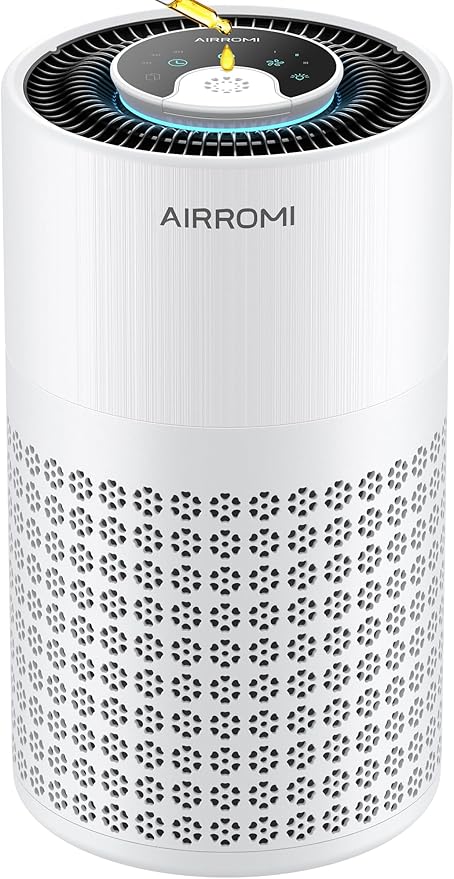 AIRROMI Air Purifier for Bedroom with HEPA 3-in-1 Filter, Pet Air Purifier for Home Cat Pee Smell, Covers Upto 990 Ft², Quiet 360° intake Air Cleaner for pet hair,allergies,Dust,Smoke A2001 White by AIRROMI
