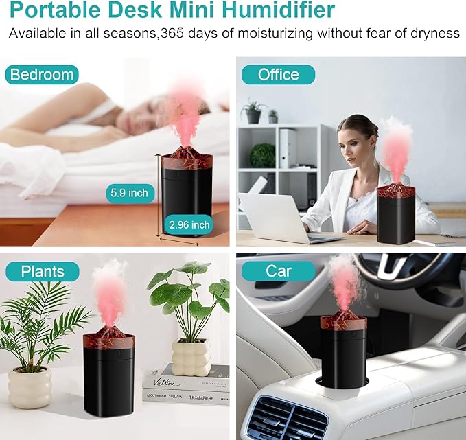 Portable Mini Humidifier, 400ml Small Humidifier with 2 Modes Large Spray, USB Personal Desktop Humidifiers for Home Bedroom Office Travel with 7 Color LED Light, Auto-Off, Bass Work(Black-Crackle) - Image 7
