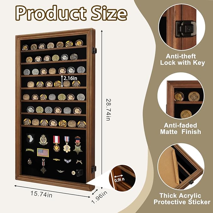 Jinchuan Military Challenge Coin Display Case Lockable Cabinet Rack Shadow Box with Removable 2 Grooves Shelves and Anti Fade Acrylic Glass for Casino Poker Chips Collectibles, Extra Large - Walnut - Image 2