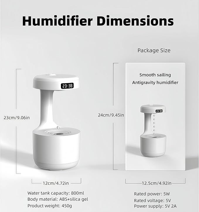 Humidifiers for Bedroom, 800ml Cool Mist Air Humidifie, Anti-Gravity Digital Humidifier with LED Display, Quiet Knob Control for Bedroom, Plants, Nursery, Office - White - Image 3