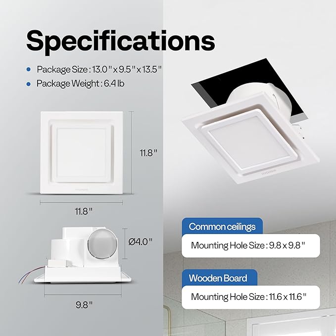 VIVOHOME Bathroom Exhaust Fan with Light, 165CFM Shower Ventilation Exhaust Fan with 6500K LED Light Combo,Ceiling Mount w/ 4" Duct Hose 1.5 Sones Square Fan, Cool White Light - Image 7