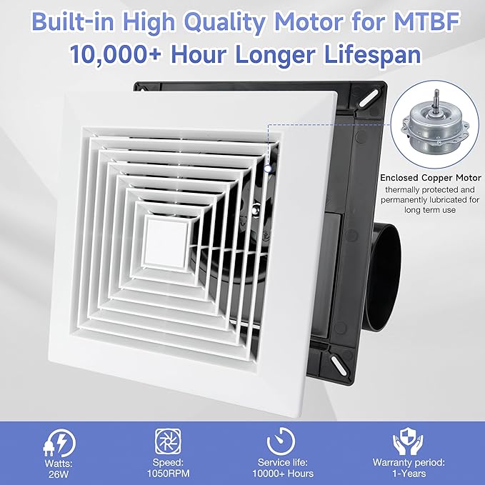 Bathroom Ceiling Exhaust Fan, Household Bath Vent Ventilation Fan with 1.0 Sones Quiet Operation, 110 CFM (Housing Size 9.1"x9.1") - Image 7