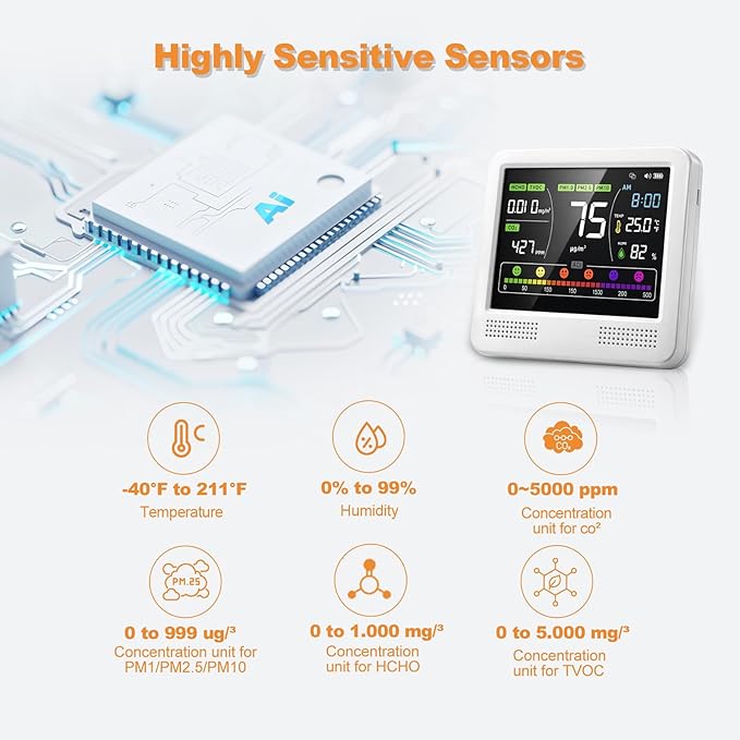 16-in-1 Indoor Air Quality Monitor and Detector with 7AQI Beep Alarm, CO2 Monitor, PM1.0, PM2.5, PM10, Temperature, Humidity, Formaldehyde, VOC Tester - Image 7