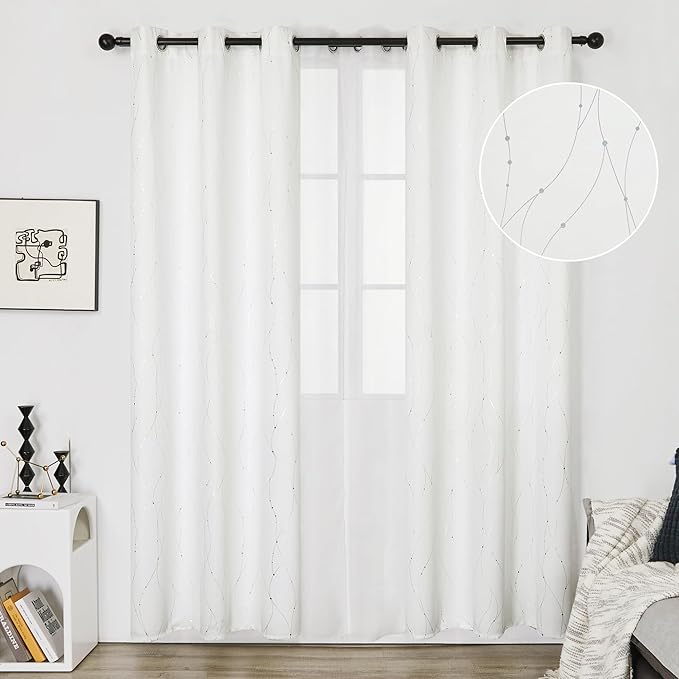 Deconovo White Curtains, Room Darkening Curtain, Thermal Insulated Soundproof Drapes, Wave Dots Silver Print, 38 x 36 Inch Long, Grommet Top, Window Panels for Living Room Bedroom Kitchen, Set of 2 - Image 5