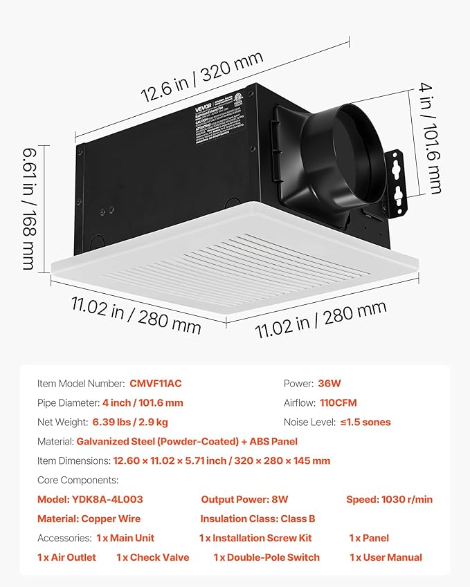 VEVOR Bathroom Exhaust Fan, 110 CFM Bathroom Vent, 1.5 Sones Low-Noise, Premium Motor Ceiling Fan, Standard 4-inch Duct Interface for Laundry Room, Storage Room, Home Ventilation, White - Image 7