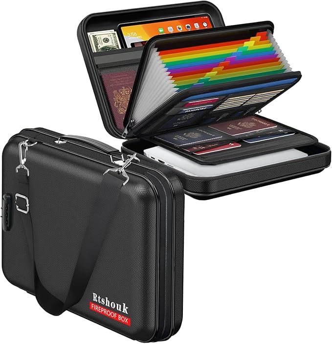 Fireproof Document Box with Lock & Shoulder Strap - Waterproof Hard-Shell File Organizer with Pocket Accordion File Folder, Portable Fireproof Box Safe Storage for Important Documents, Laptop by Rtshuok