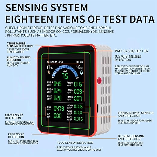 Indoor Air Quality Monitor, 18 in 1 Professional Meter, Battery Powered, Data Storage, Tester for CO2 TVOC HCHO PM2.5 PM10 Temp Humid - Image 3
