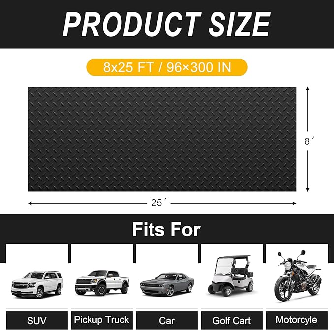 8x25 FT Garage Floor Mat, 2.8mm Thickened Flooring Roll for Under Car Diamond Plate PVC Rubber Mat with 20 Pcs Tapes, Non-Slip Floor Mat for Garage, Warehouse, Gyms, Trailer, Black - Image 2