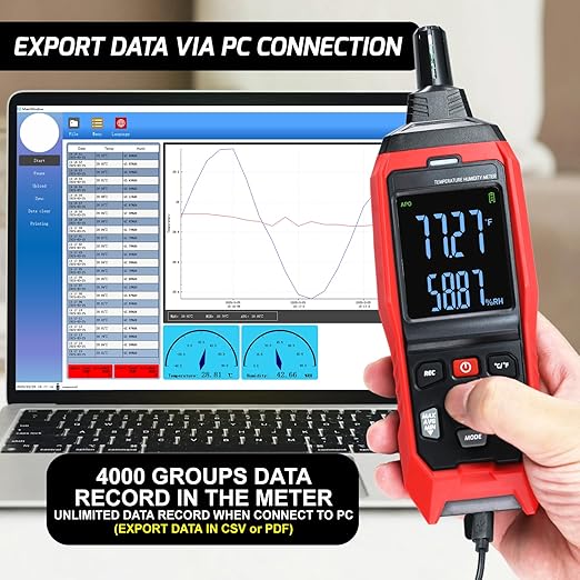 Humidity and Temperature Meter Data Logger Digital Psychrometer HVAC, Wet Bulb Thermometer Record 4000pcs Data and Export, Large LCD Humidity Tester Dew Point Meter with Indicator and Buzzer Alarm - Image 2