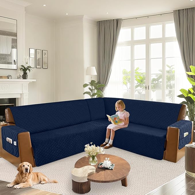 Arfntevss Waterproof Sectional Couch Covers L Shape Washable Velvet Sofa Cover for Sectional Non Slip Large Corner Slipcovers Dog 6 Pcs Universal U Shaped Furniture Protector (Navy Blue, X-Large) - Image 6