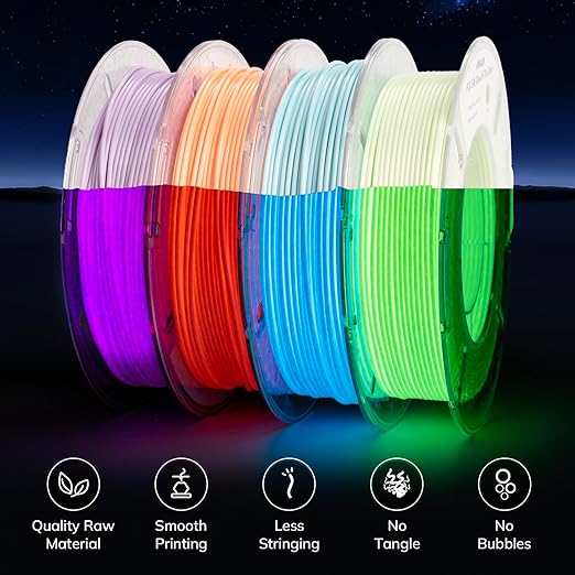 AMOLEN Silk Glow in The Dark Filament Multicolor, Glow Filament Silk Green, Blue, Purple, Orange Red 1.75mm PLA Filament, Dimensional Accuracy +/- 0.02 mm, 200g X 4 Pack - Image 2
