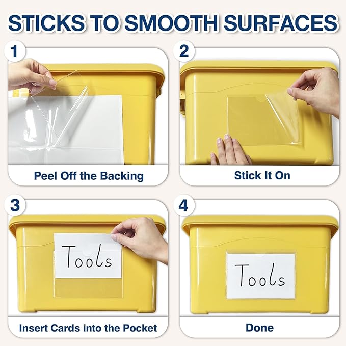 H4D 24 Pack Labels for Storage Bins, 4" x 6" Plastic Clear Adhesive Index Card Holders, Tote Label Pockets for Organizing Storage, Library Card, Shelves - Image 4